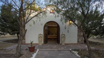 A building entrance with a stone pathway leading to an arched doorway, flanked by two statues and a potted plant.