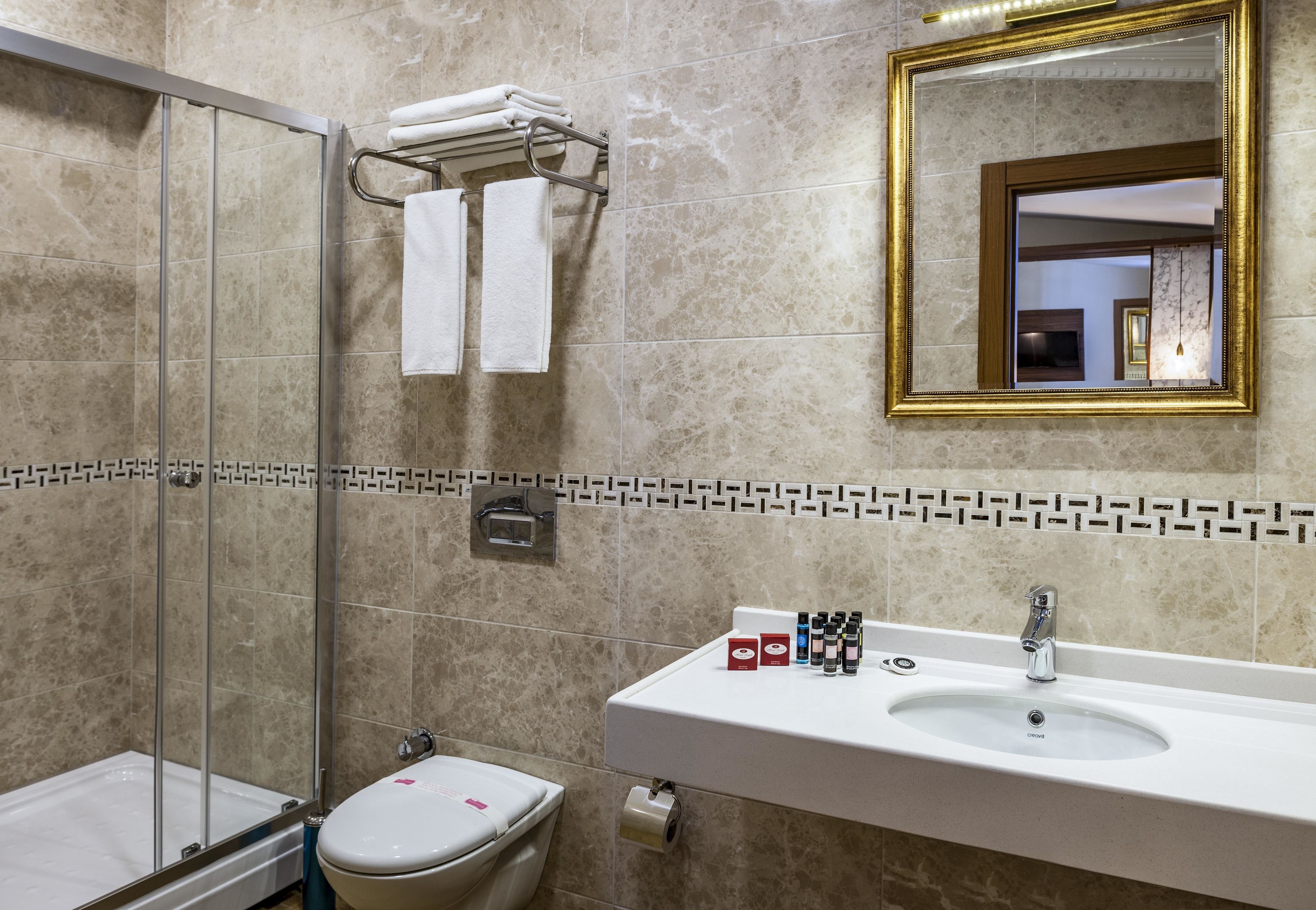 Casa de banho com cabine de duche em vidro, sanita, lavatório com produtos de higiene e espelho com moldura dourada.