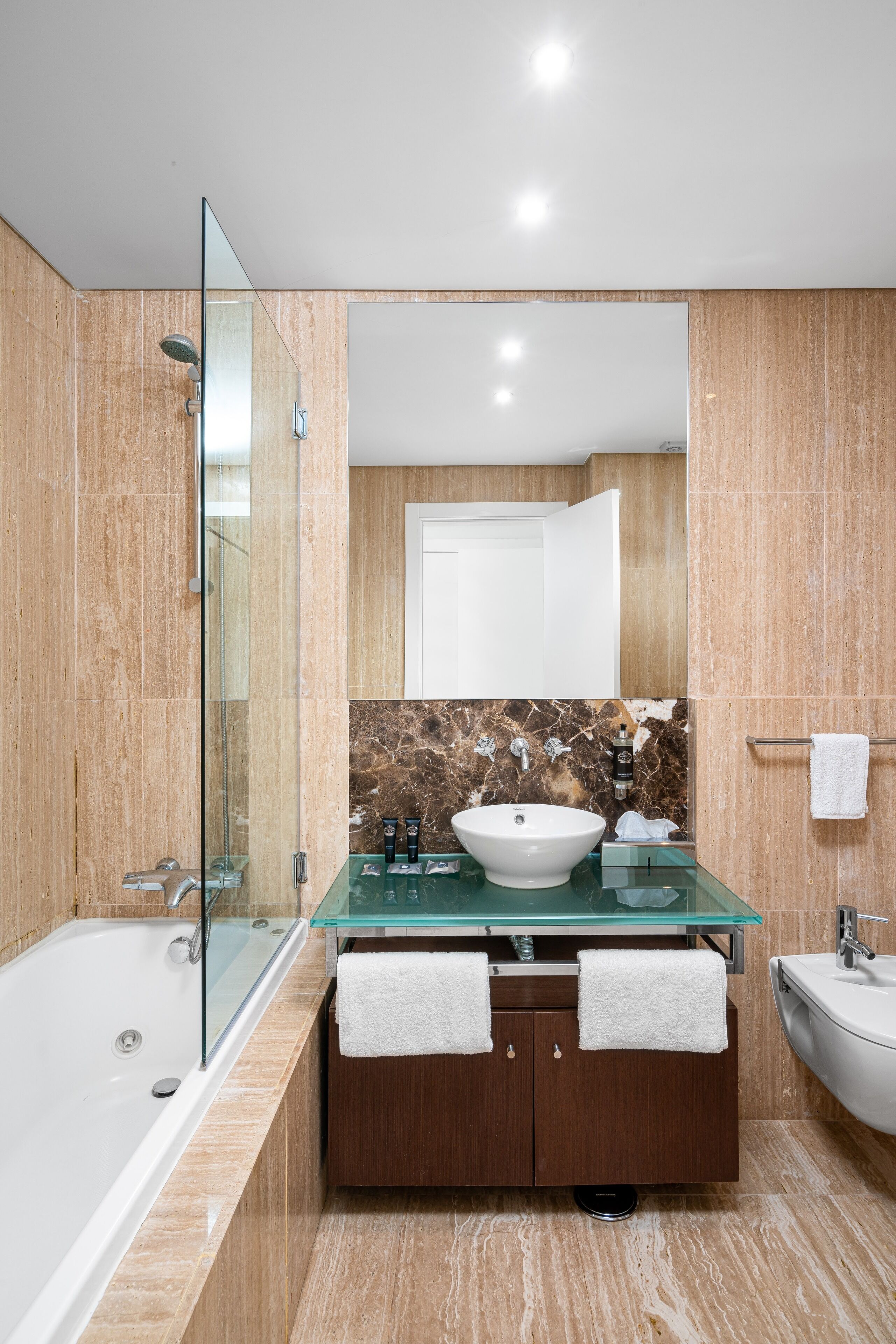 combined shower/bathtub, hair dryer, bathrobes, slippers