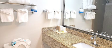 Un baño con inodoro, lavamanos, espejo y toalleros.