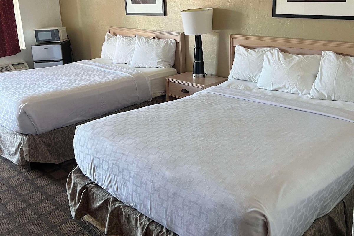 A hotel room with two beds, a bedside table, a lamp, a microwave, and two framed pictures on the wall.