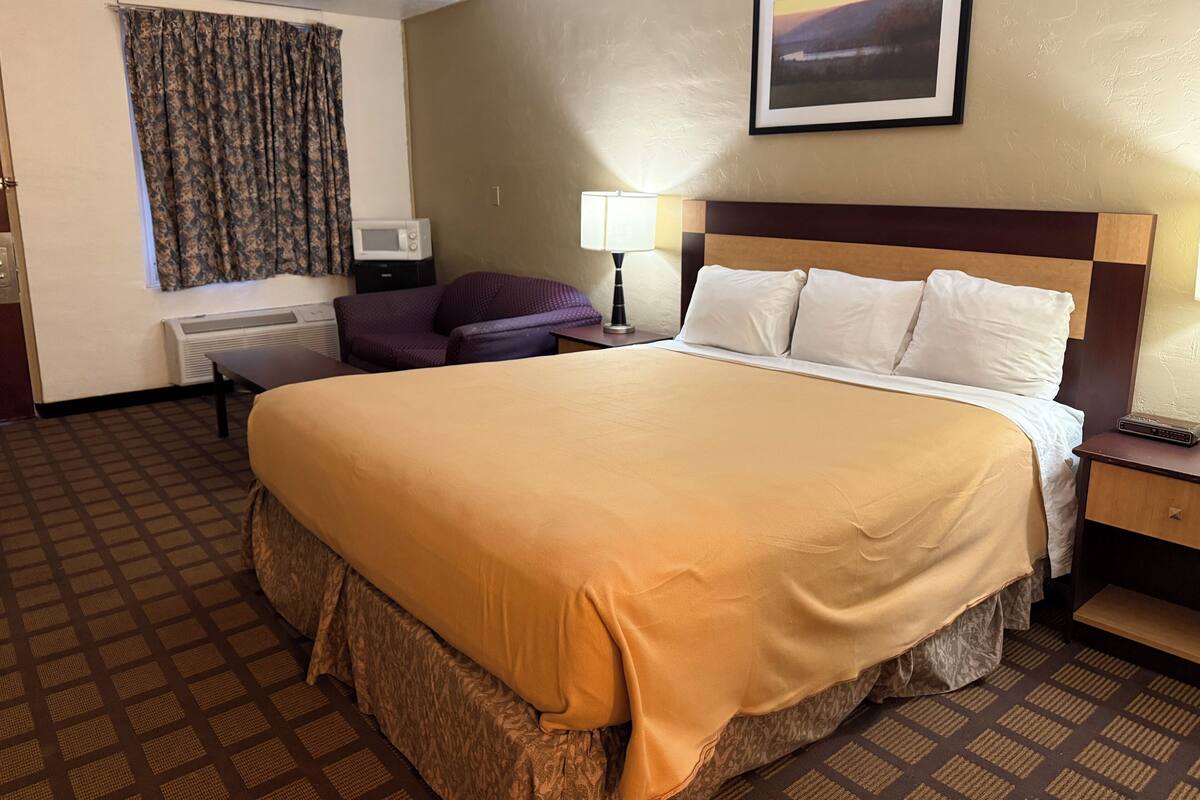 A hotel room with a large bed, a flat-screen TV, a microwave, a desk with a lamp, and a window with curtains.