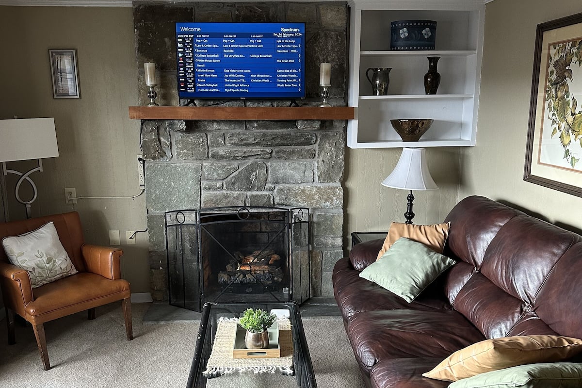 A living room with a stone fireplace, a television mounted above it, a brown leather sofa, a brown leather armchair, and a coffee table with a plant.