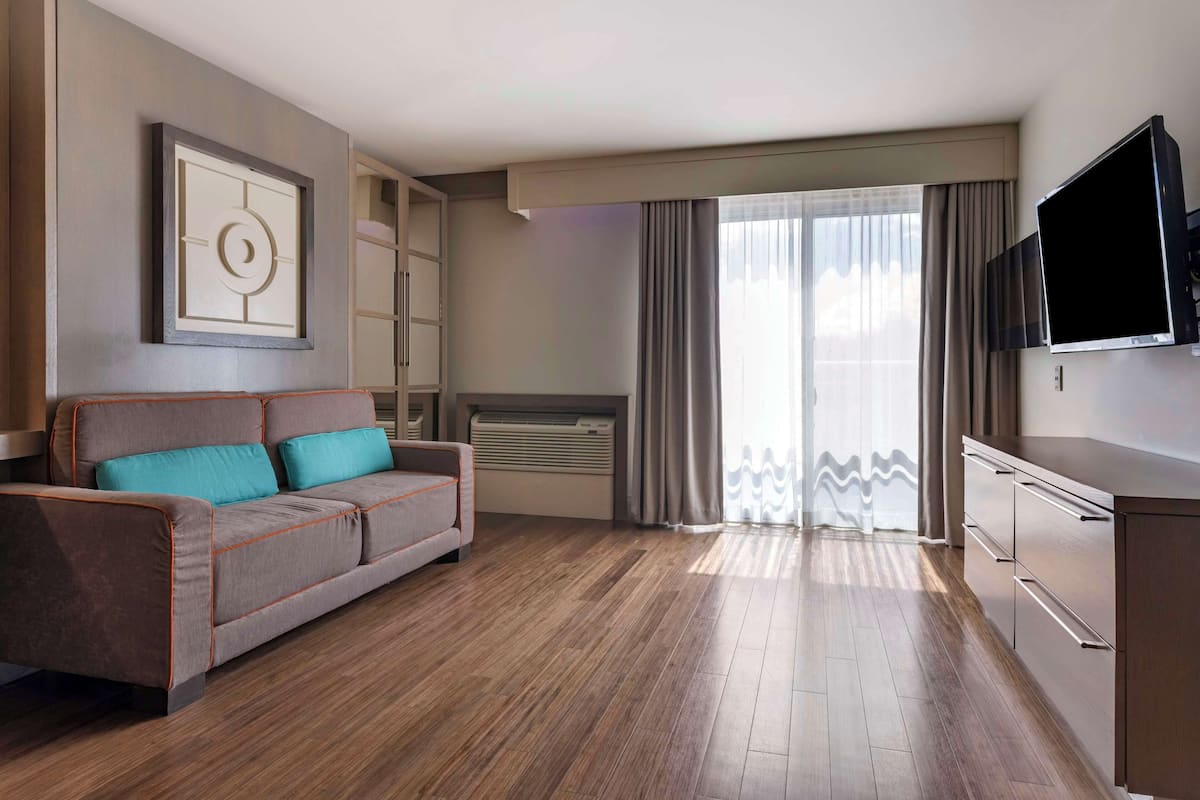 Une chambre d’hôtel moderne dotée d’un canapé, d’une télévision à écran plat, d’un minibar et d’une grande fenêtre avec des rideaux.