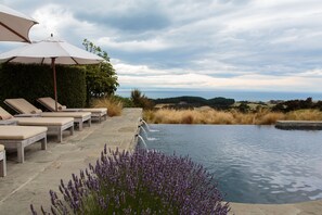 Una piscina infinita con sillas de descanso y una sombrilla, rodeada de un jardín ajardinado y vistas al océano.