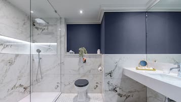 A modern bathroom with a glass-enclosed shower, a toilet, and a vanity with a mirror.