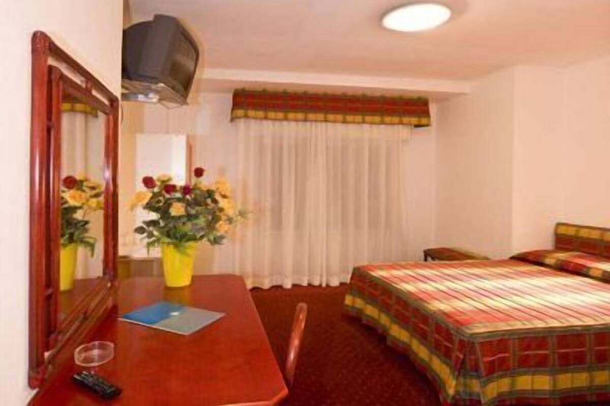 Een hotelkamer met een bed, een bureau met stoel, een televisie, een spiegel en een raam met gordijnen.