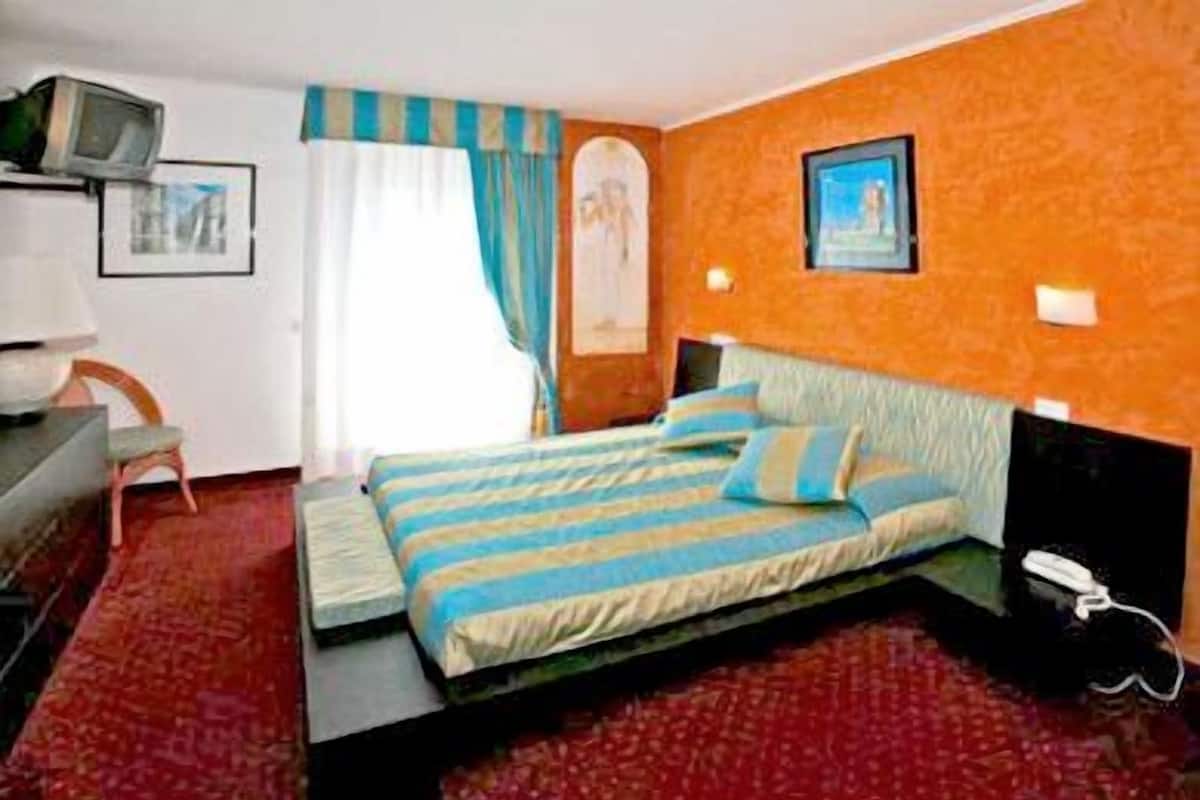 Een hotelkamer met een bed, een bureau, een stoel en een televisie.