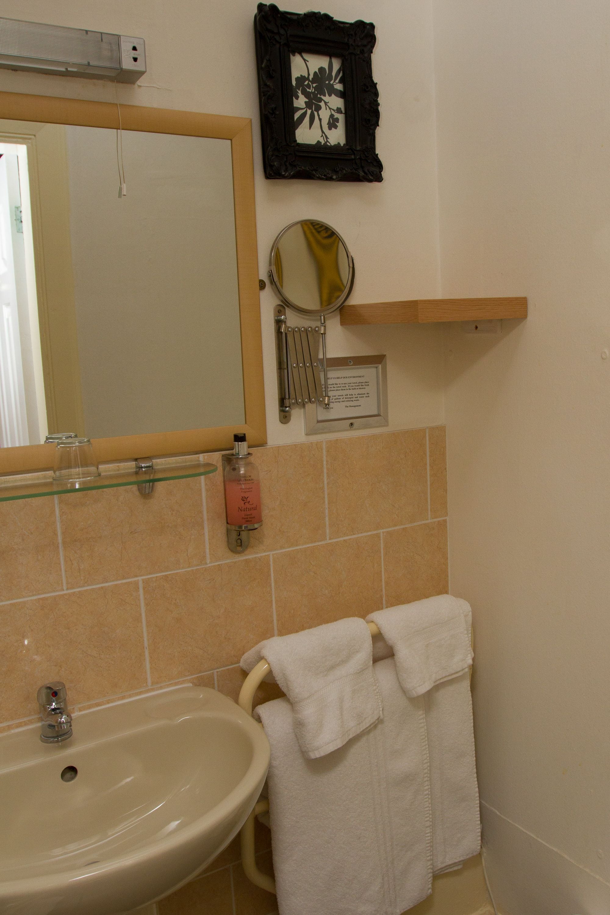 Un baño con lavabo, espejo, toallero y un cuadro en la pared.