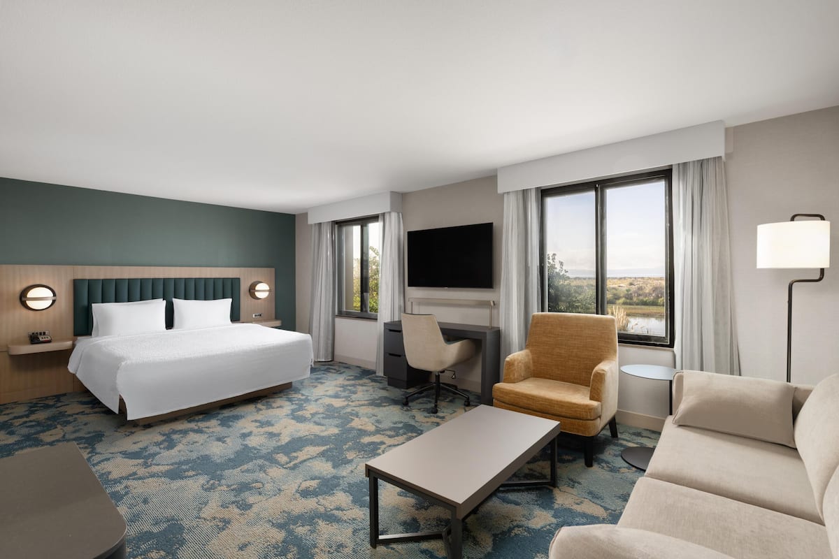 Een hotelkamer met een bed, een bureau, een stoel, een bank, een televisie en grote ramen.