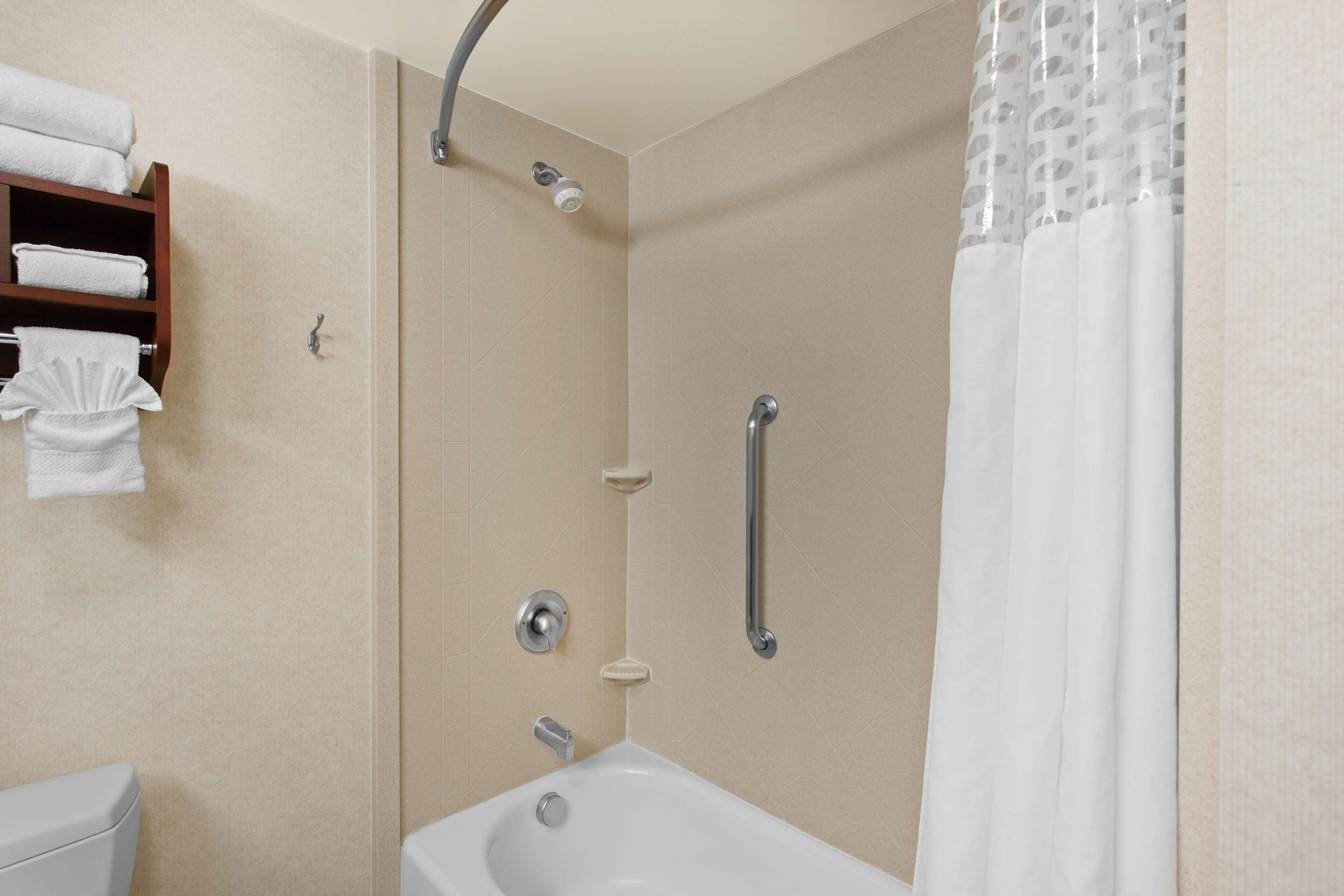 combined shower/bathtub, free toiletries, hair dryer, towels