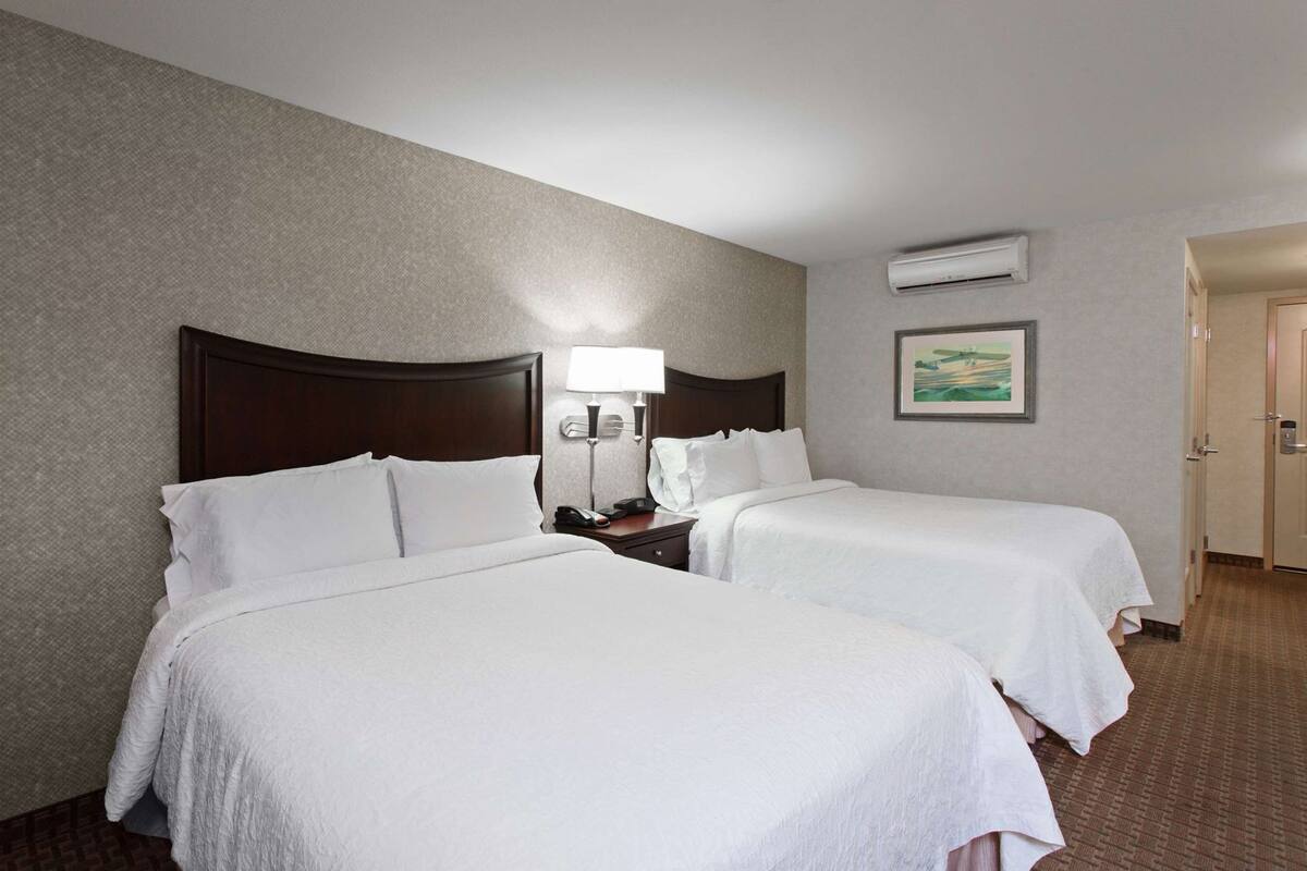 Une chambre d’hôtel avec deux lits, une table de chevet, une lampe, un appareil de climatisation et un tableau encadré au mur.