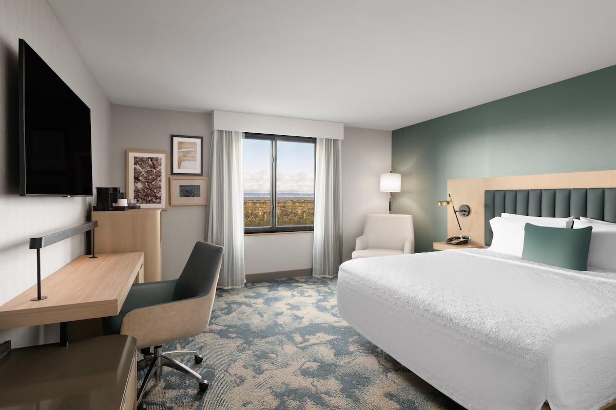 Een hotelkamer met een bed, bureau, stoel, televisie en een raam met uitzicht.