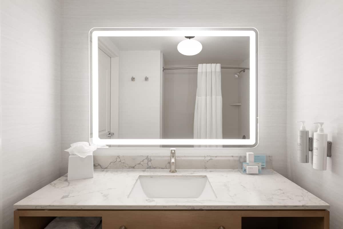 Desk, blackout curtains, soundproofing, iron/ironing board