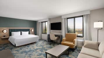 A hotel room with a bed, a desk, a chair, a sofa, and a TV.