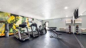 Une salle de sport équipée de tapis de course, de vélos elliptiques et de bancs de musculation.