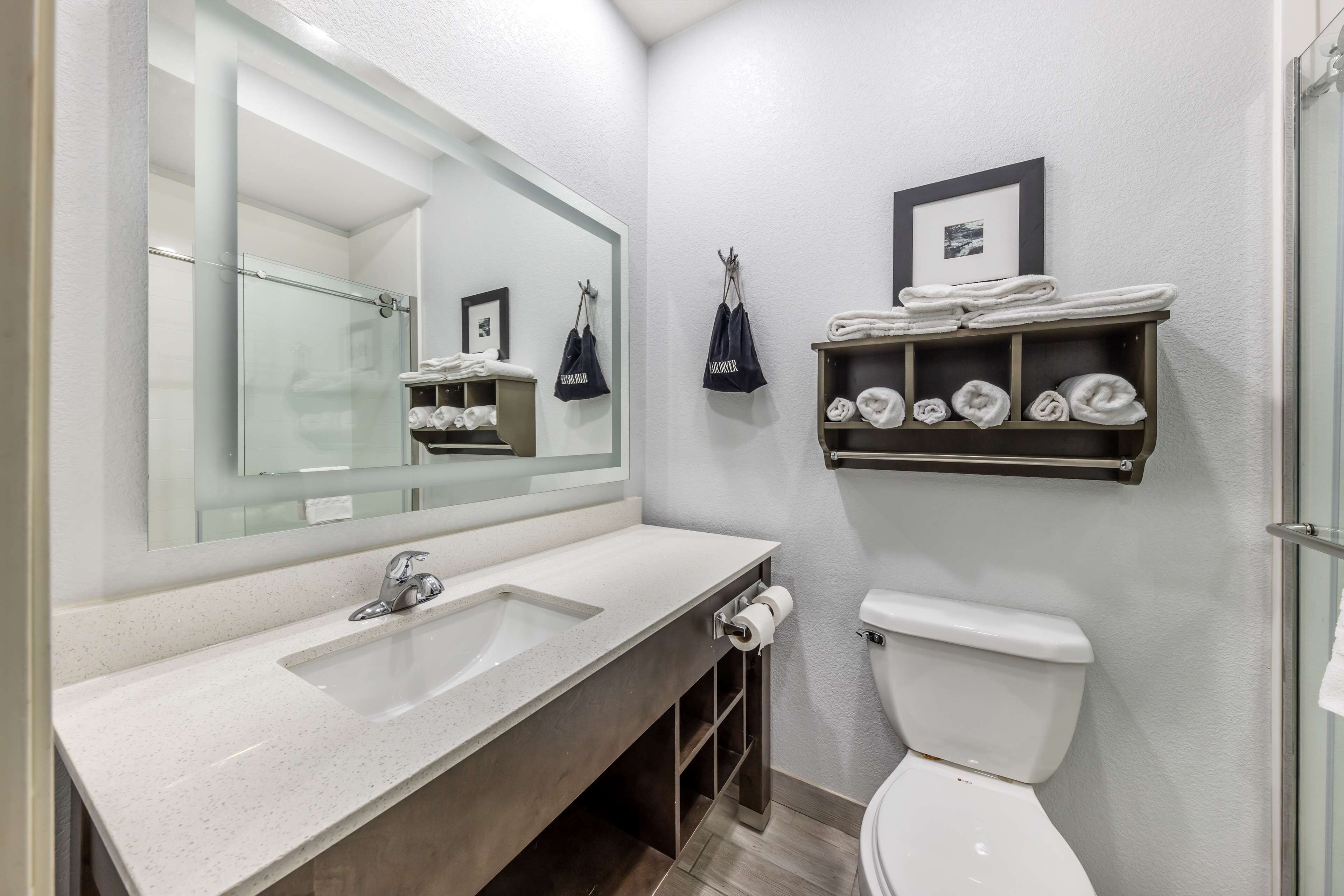 combined shower/bathtub, free toiletries, hair dryer, towels