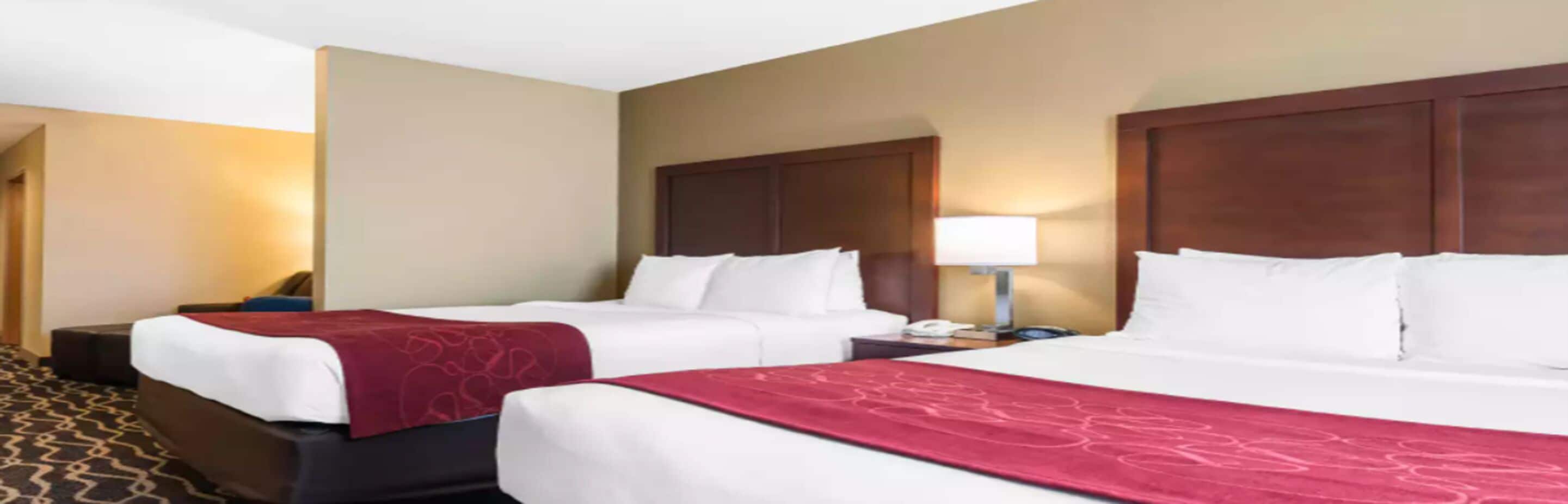 Quarto de hotel com duas camas, uma mesa de cabeceira, um abajur e um tapete estampado.