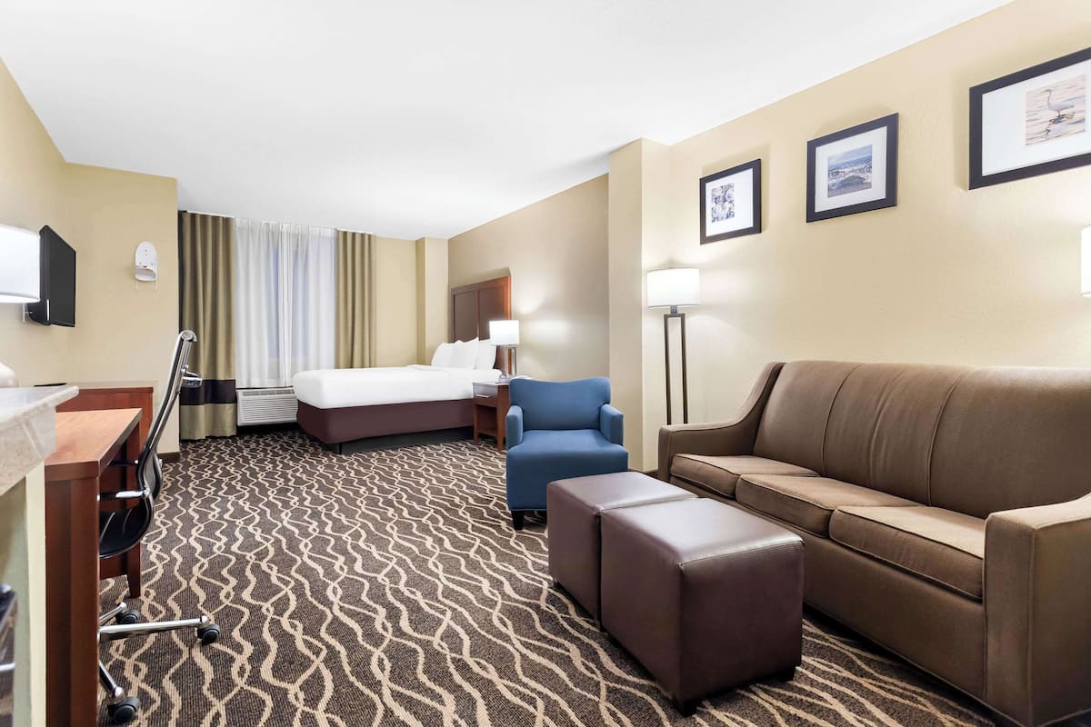 Ein Hotelzimmer mit einem Bett, einem blauen Sessel, einem braunen Sofa, einem Schreibtisch mit Stuhl und einem gemusterten Teppich.