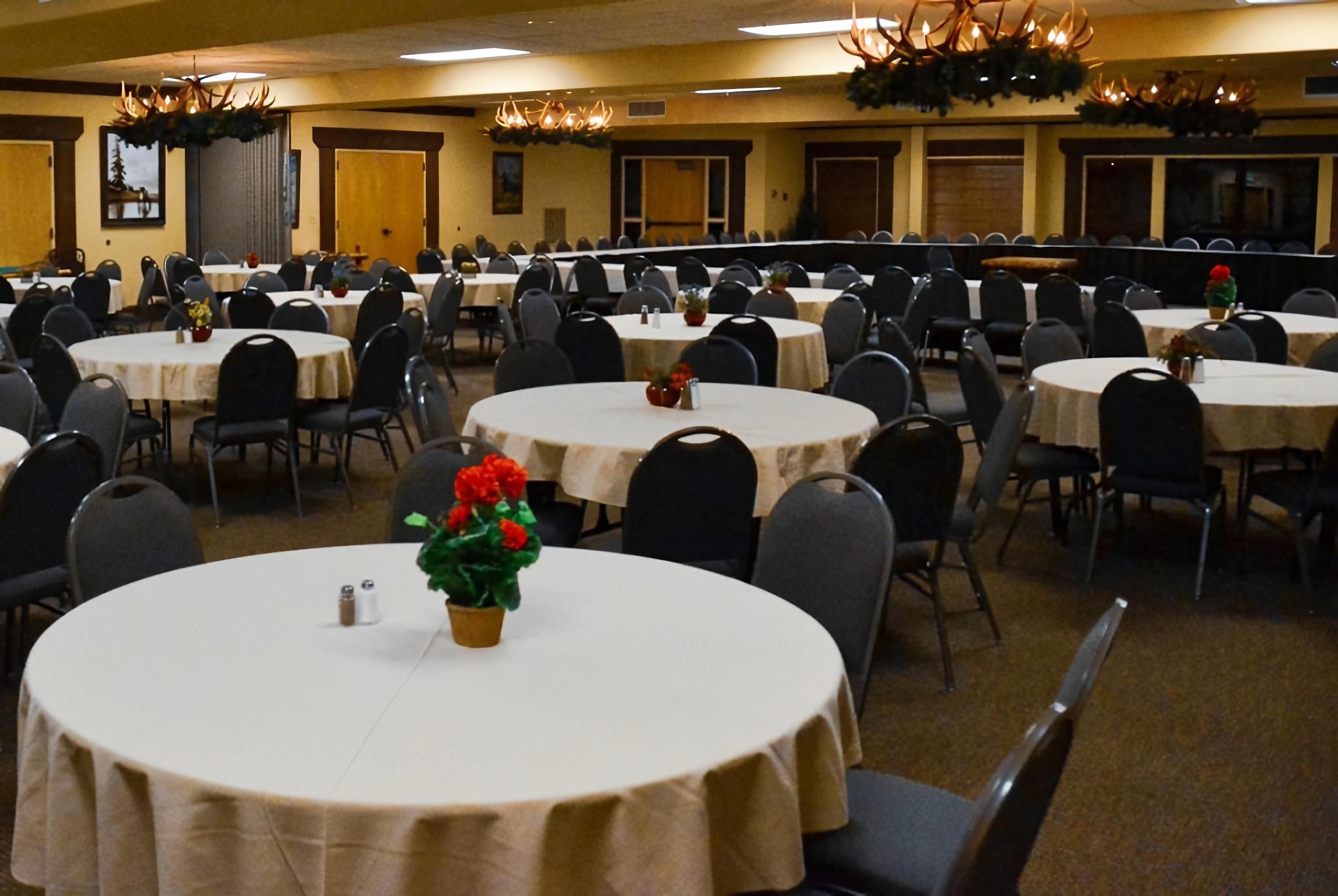 A banquet hall with multiple round tables, each with a tablecloth and a small potted plant.