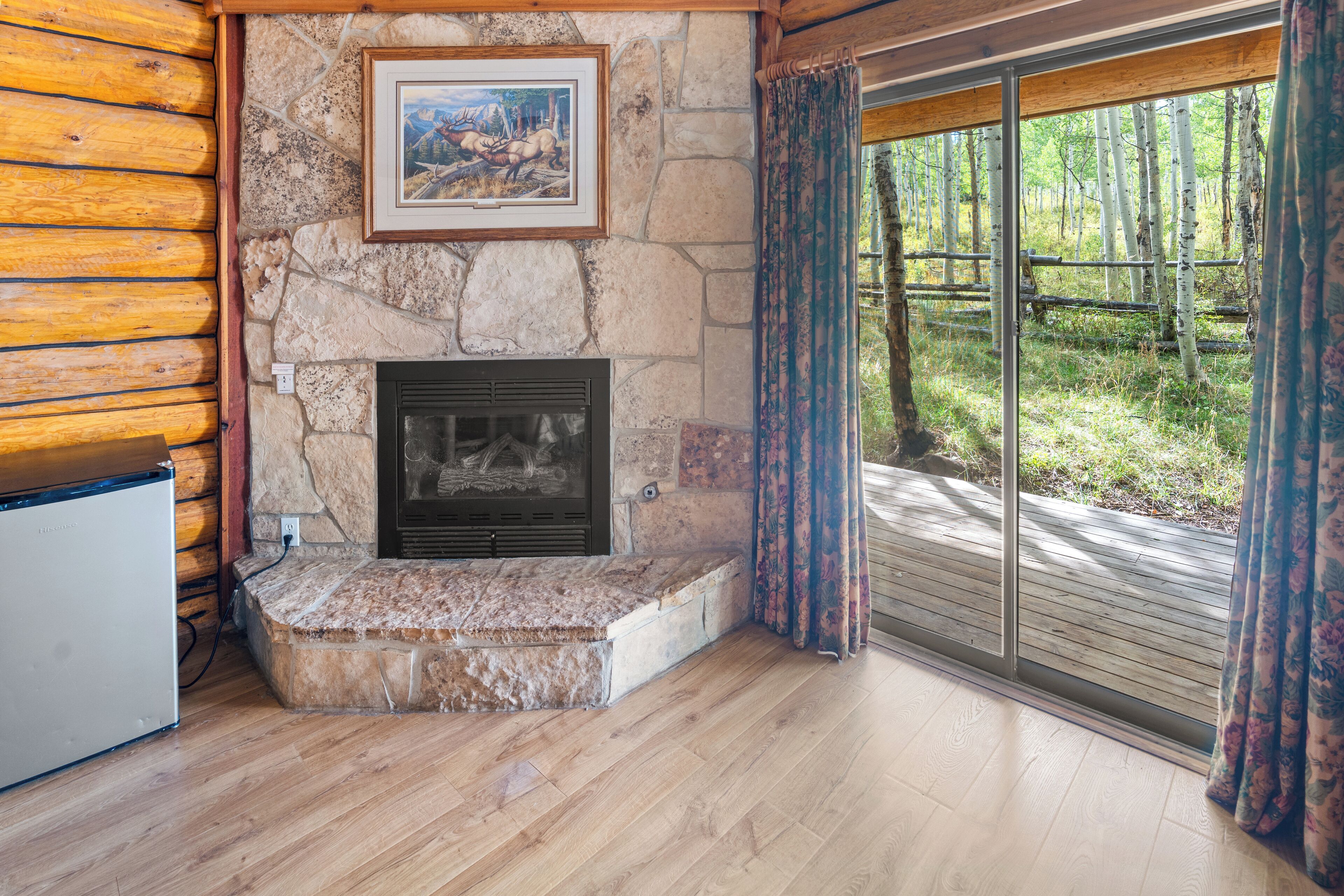A stone fireplace with a framed picture above it, wooden flooring, and a view of a forest through a glass door.