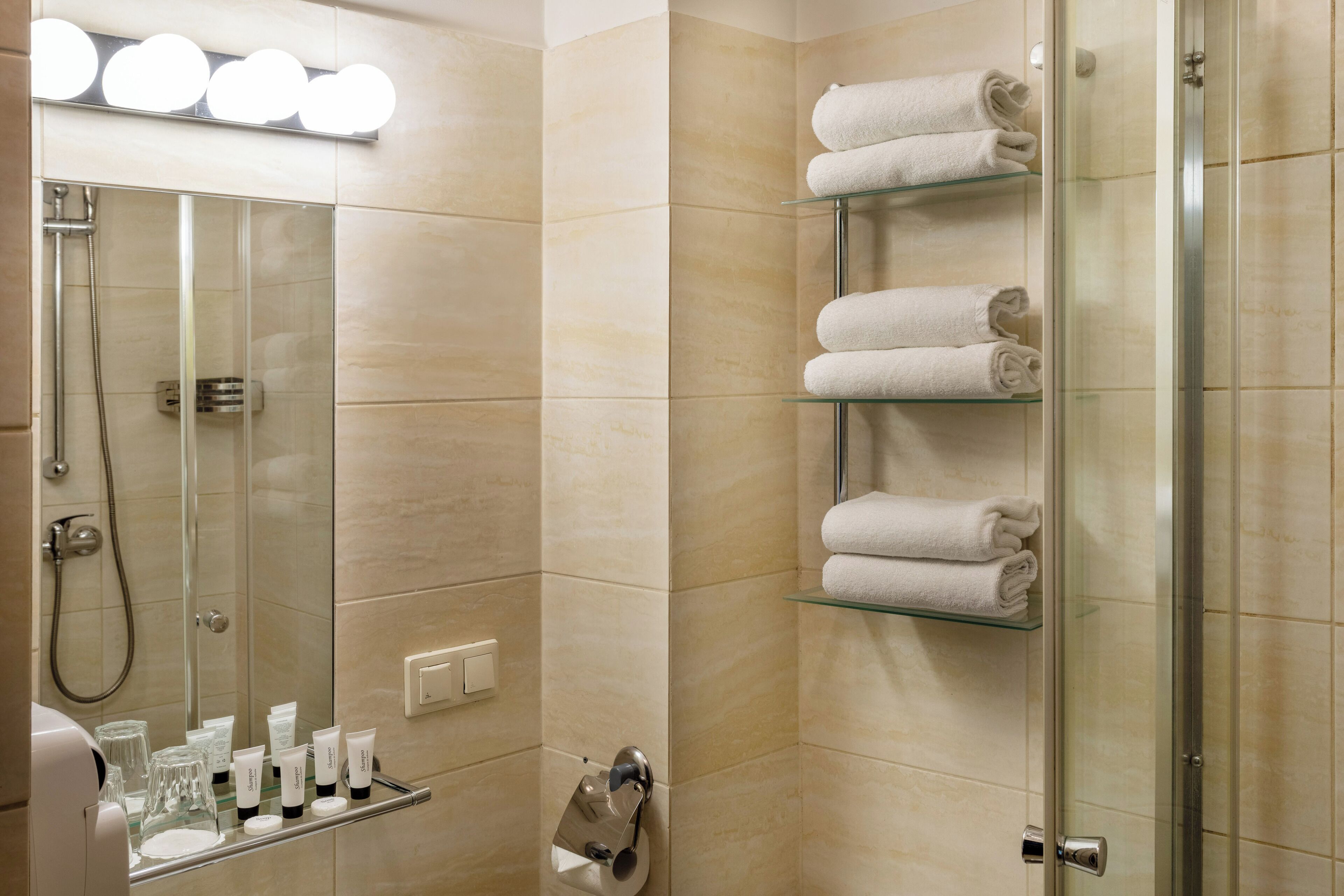 shower, free toiletries, hair dryer, towels