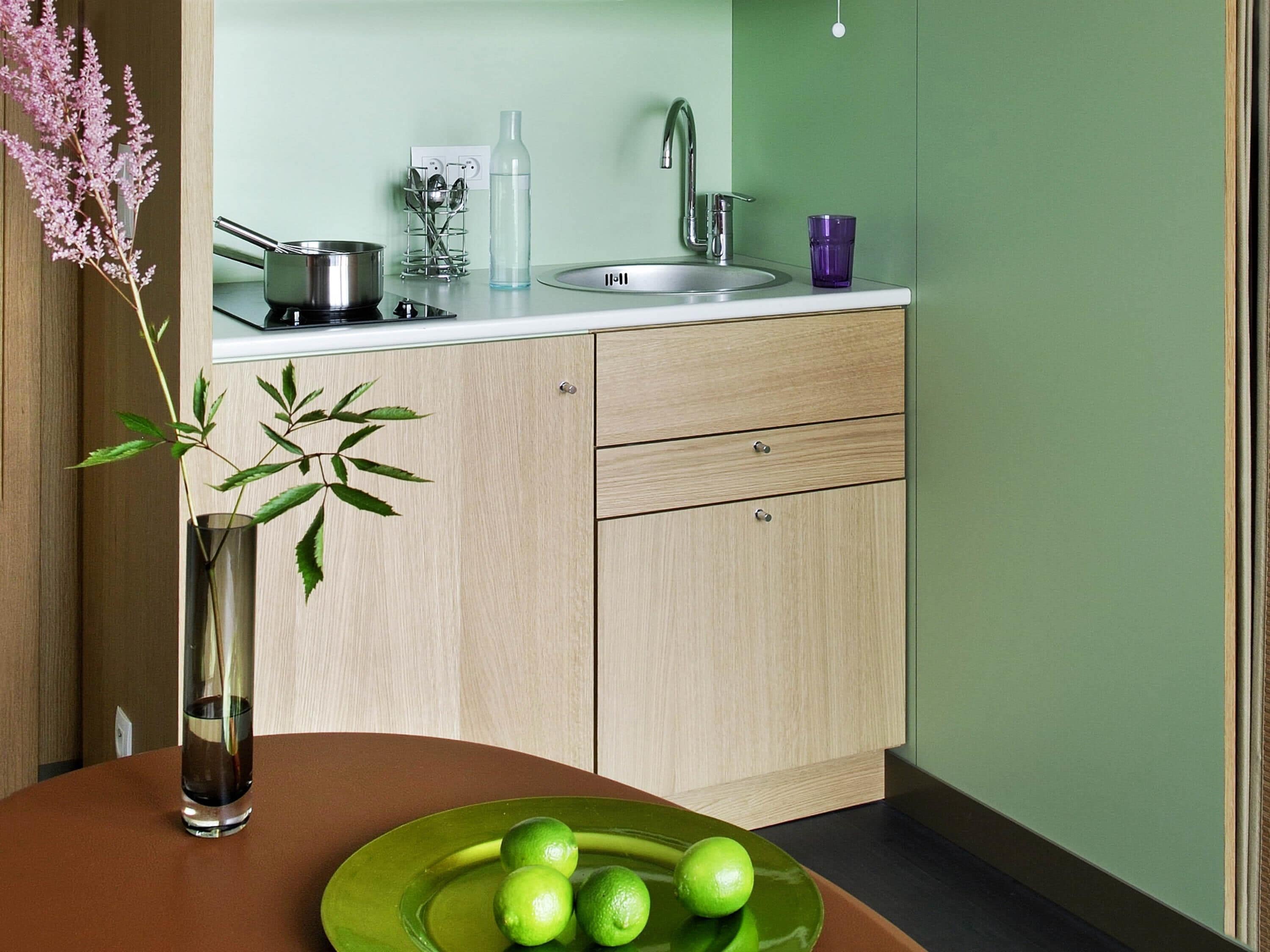 A kitchen with a sink, a vase with a plant, and a plate with limes.