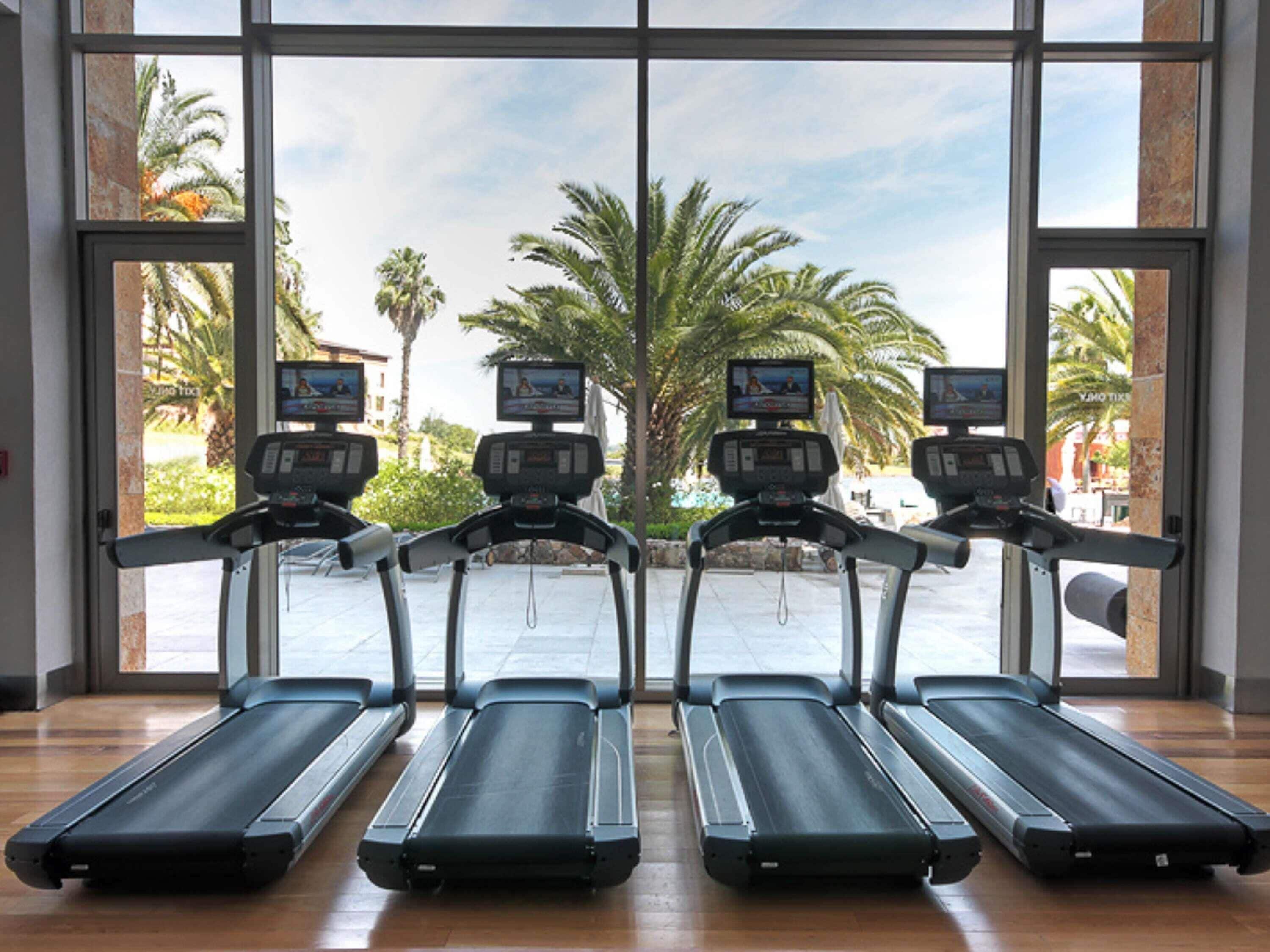 Cuatro cintas de correr alineadas con vista a palmeras y un edificio a través de amplias ventanas.