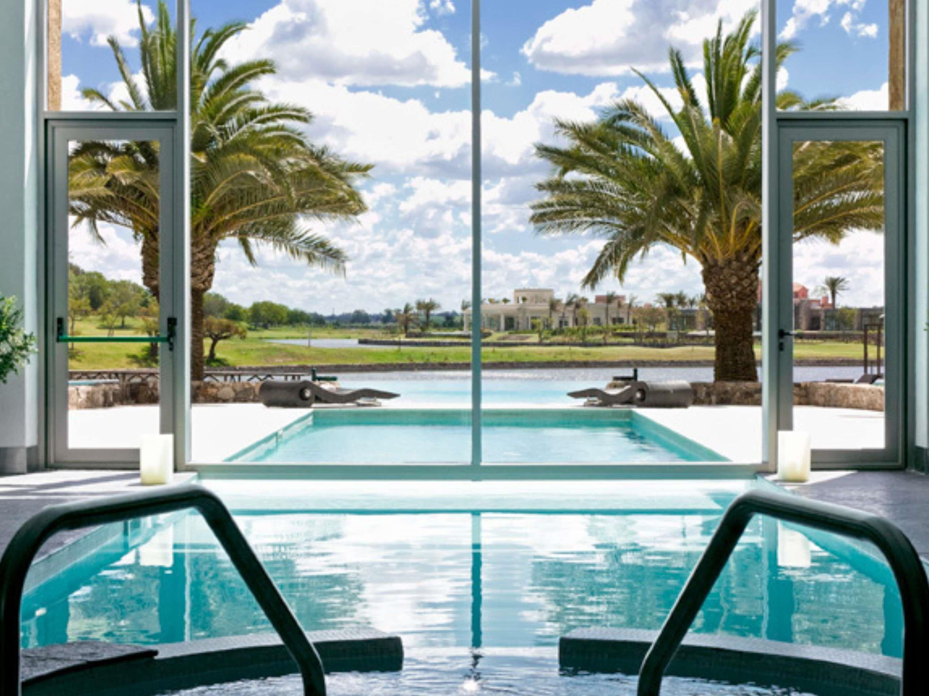 A swimming pool with clear blue water, surrounded by palm trees and a view of a distant landscape.