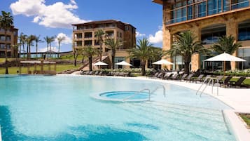 Indoor pool, outdoor pool, pool umbrellas, sun loungers