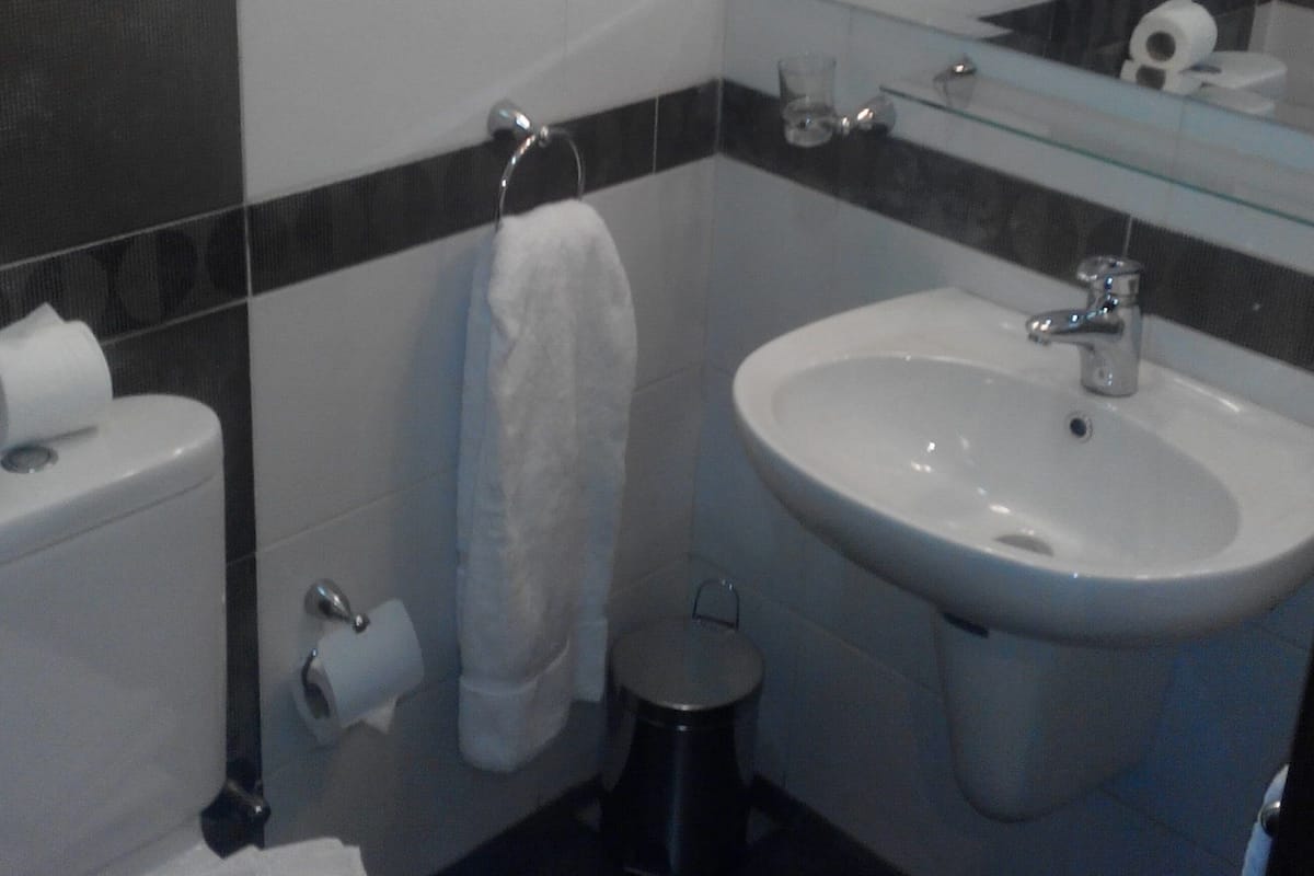 A bathroom with a toilet, sink, and mirror.