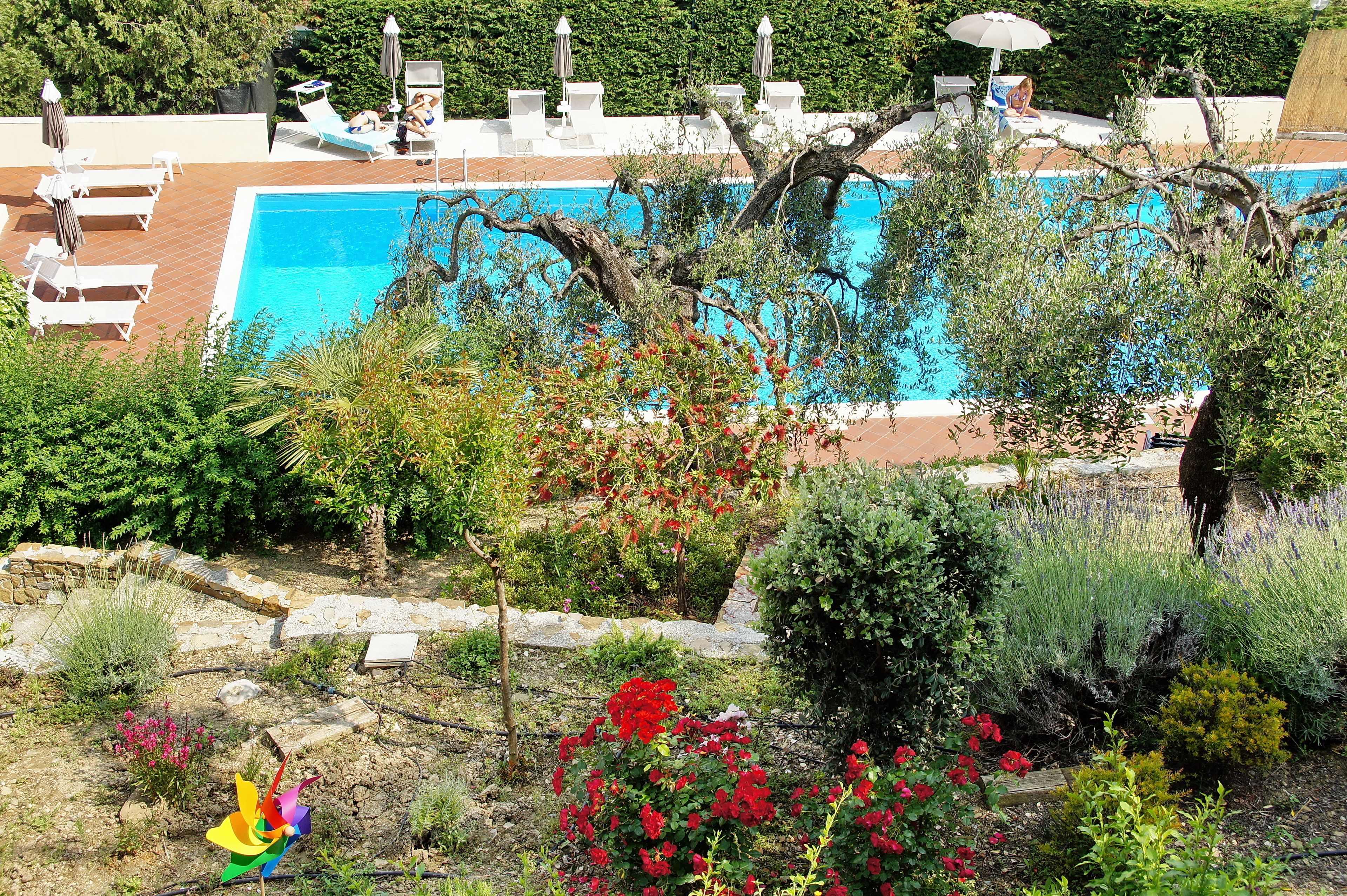 seasonal outdoor pool, pool umbrellas, pool loungers