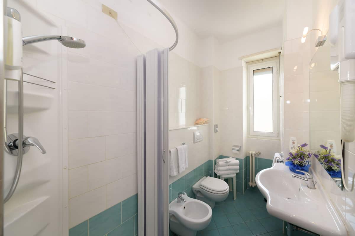 Shower, free toiletries, hair dryer, towels