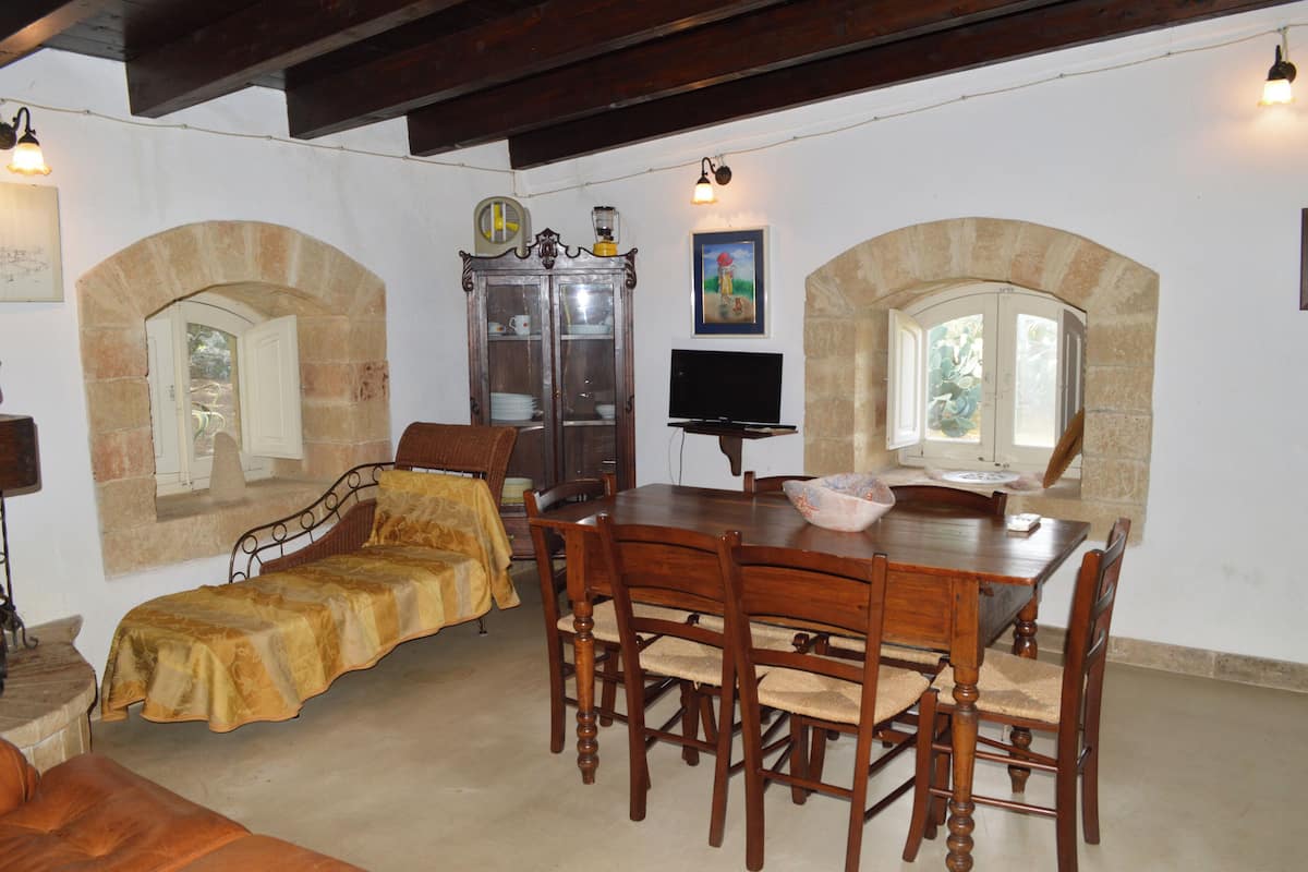 A dining area with a wooden table and chairs, a television, and a stone fireplace with arched windows.