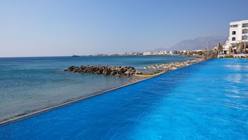 On the beach, sun loungers, beach umbrellas, water skiing