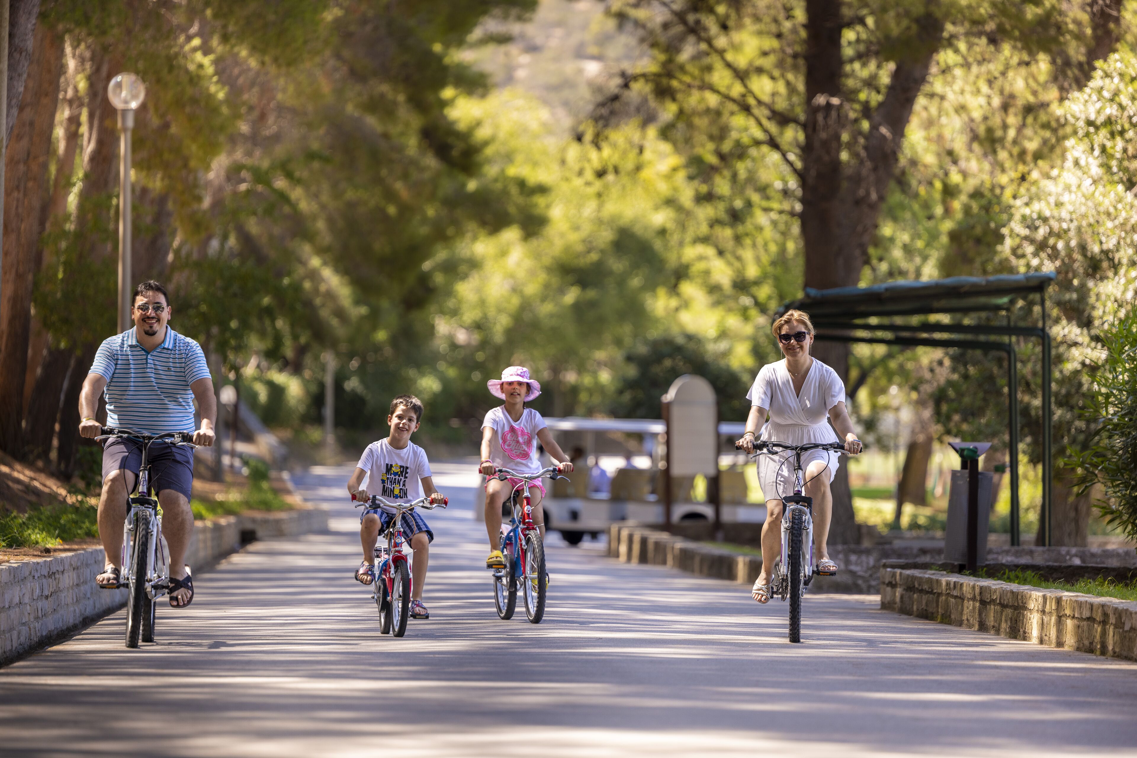 A paved pathway with four people riding bicycles.
