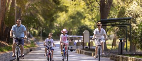 A paved pathway with four people riding bicycles.
