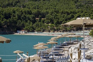 Private beach, white sand, free beach shuttle, sun loungers