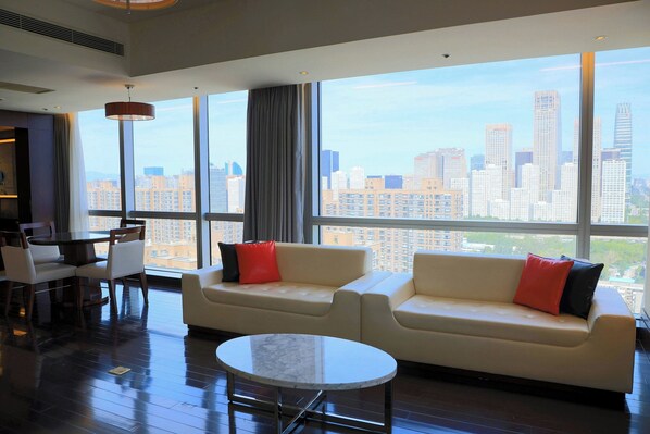 42-inch flat-screen TV with cable channels, TV, iPod dock