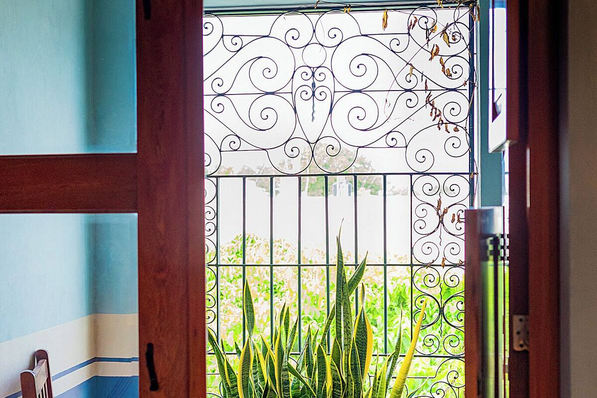 A room with a wooden door, a metal gate with decorative patterns, a potted plant, a chair, and a hanging light fixture.