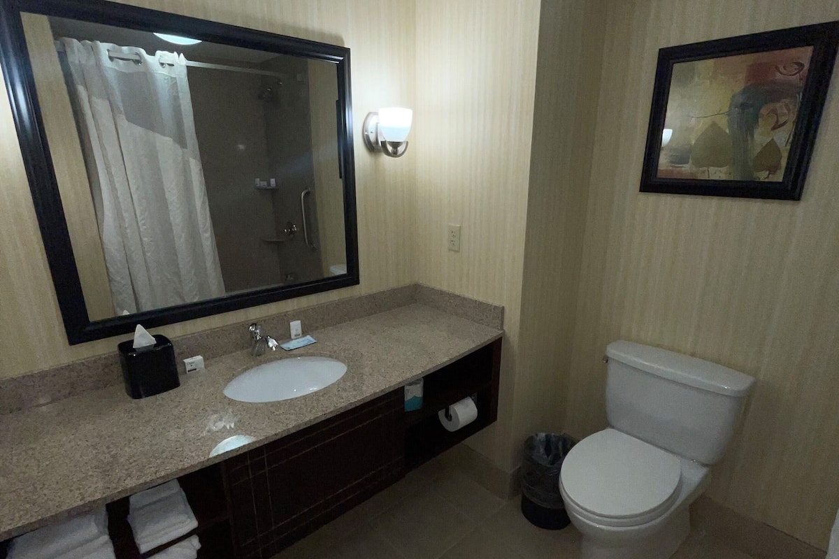 Un baño con lavamanos, espejo, inodoro y un cubo de basura.