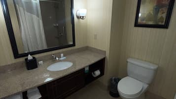 A bathroom with a sink, mirror, toilet, and a trash bin.