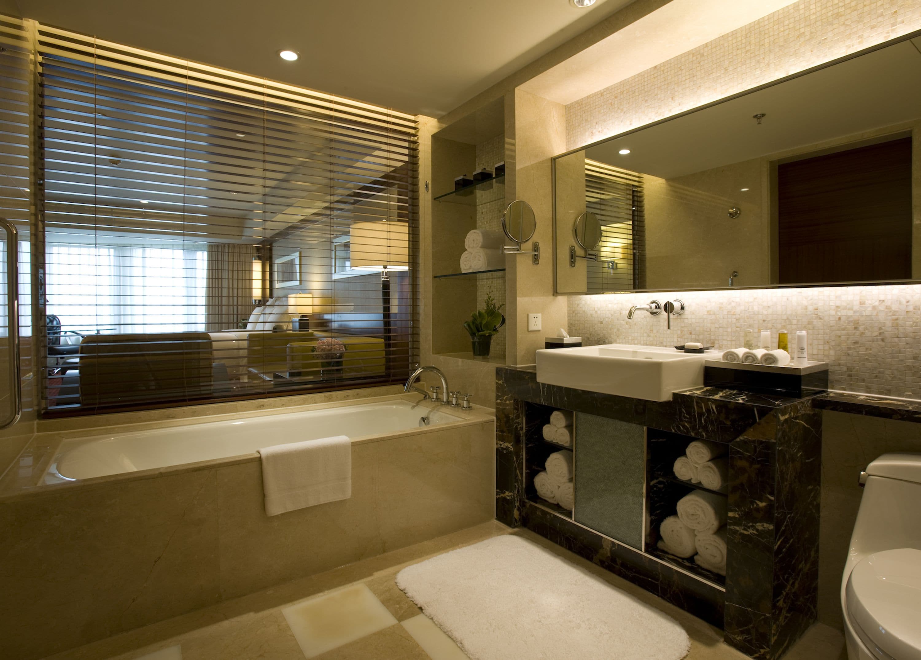 combined shower/bathtub, deep-soaking bathtub, rainfall showerhead