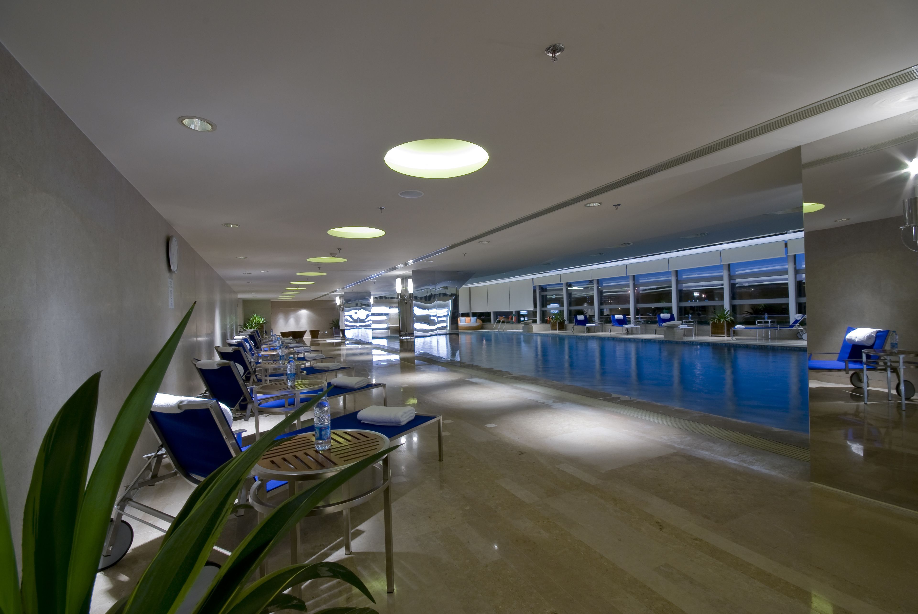 indoor pool, open 9:00 am to 9:00 pm, pool loungers