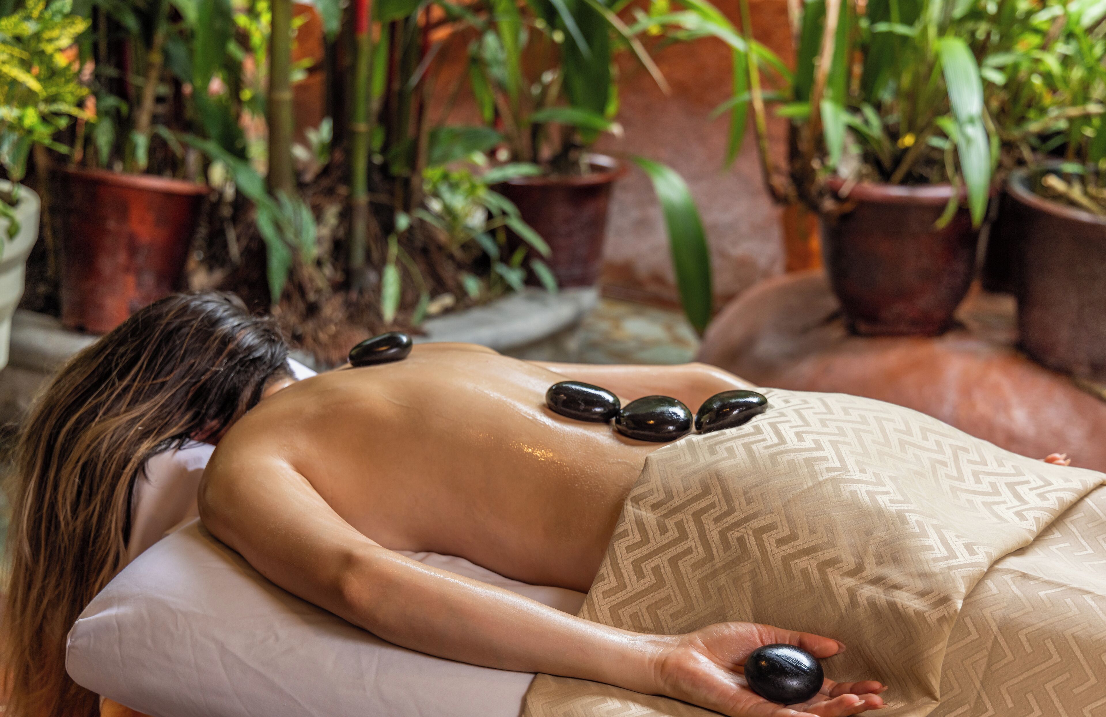 A person receiving a massage with heated stones on their back, surrounded by potted plants.
