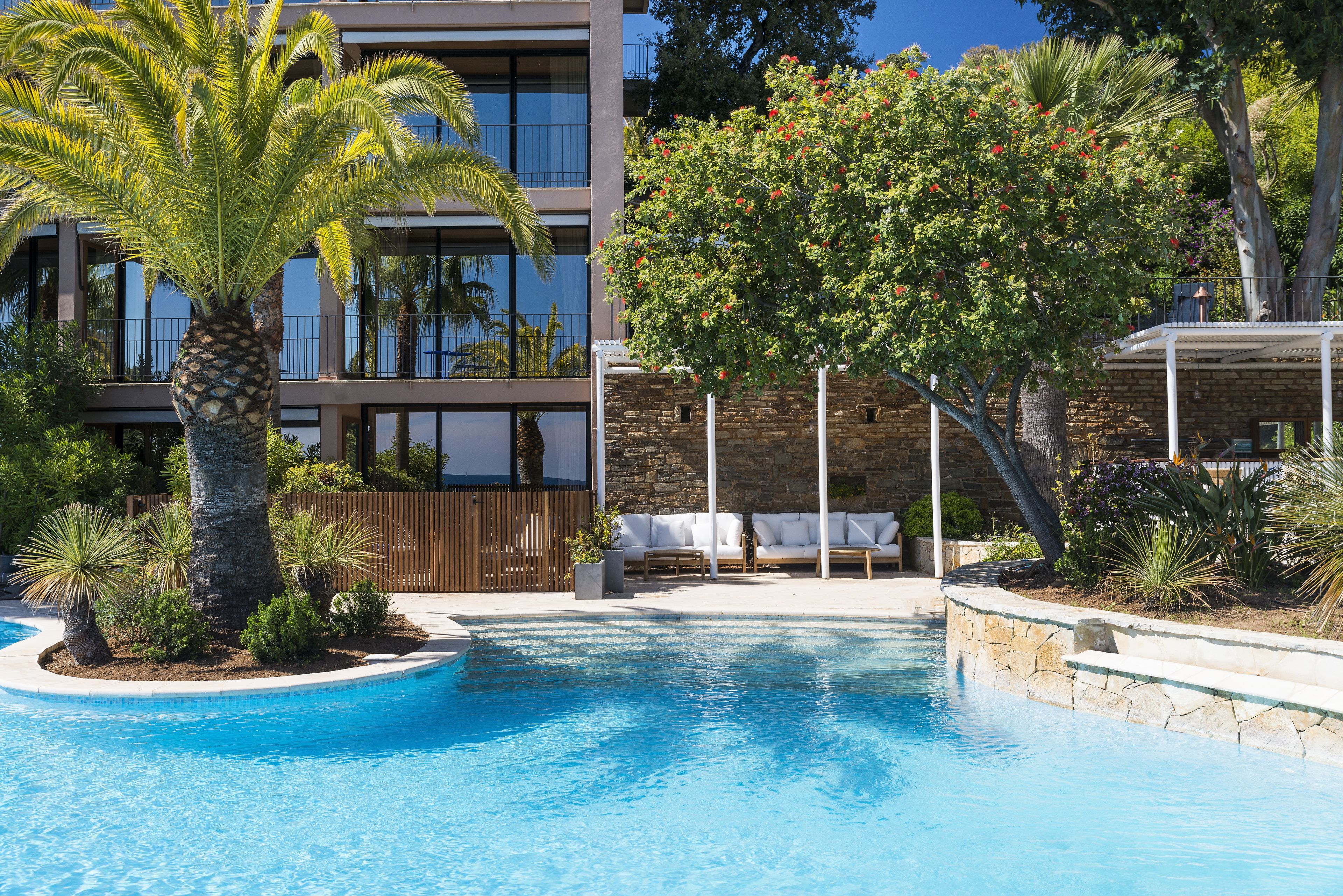 A pool area with a palm tree, a tree with red flowers, and a building with balconies and a stone wall.