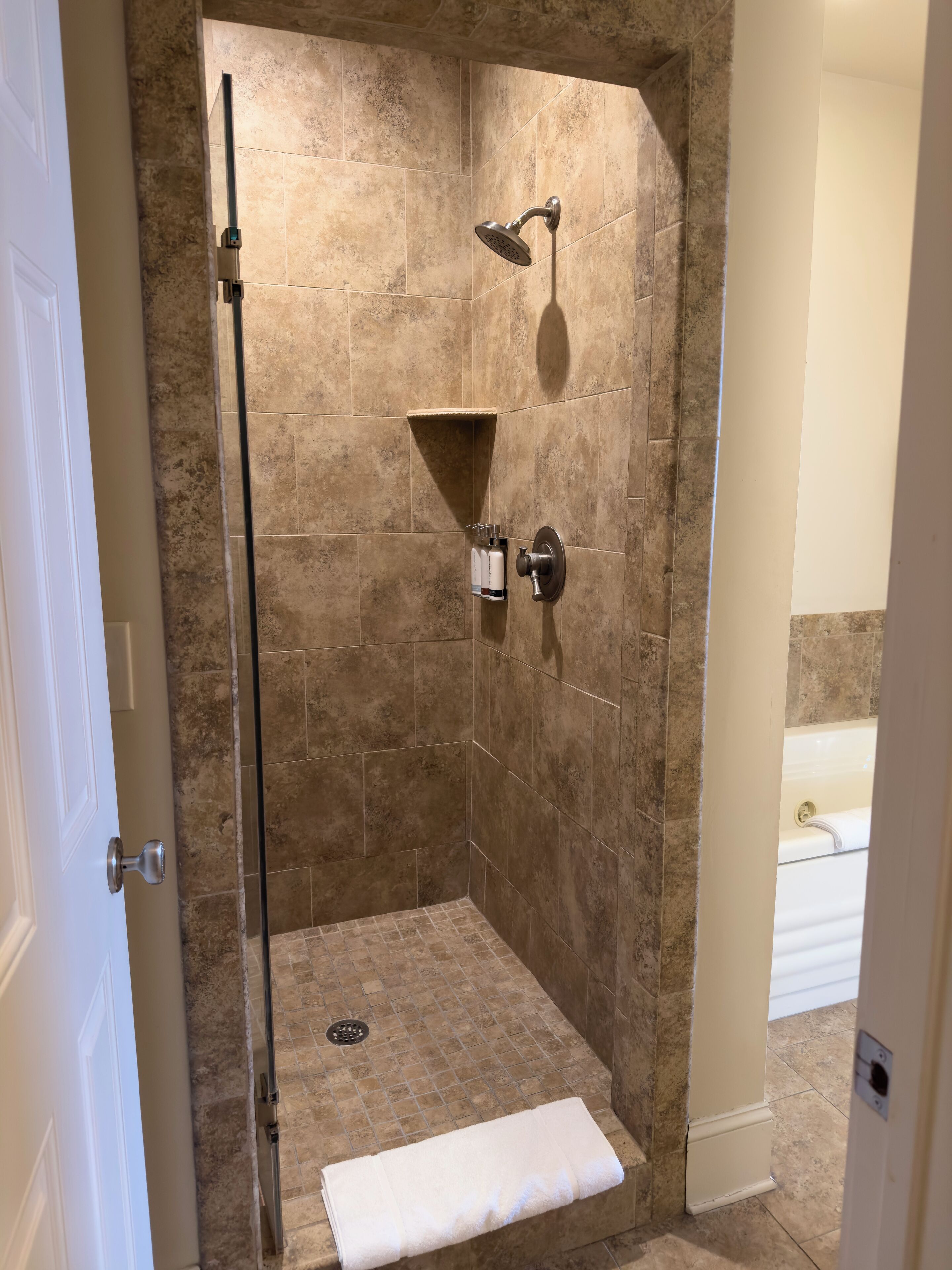 Una ducha a nivel con puerta de cristal, cabezal de ducha manual y barra para toallas.