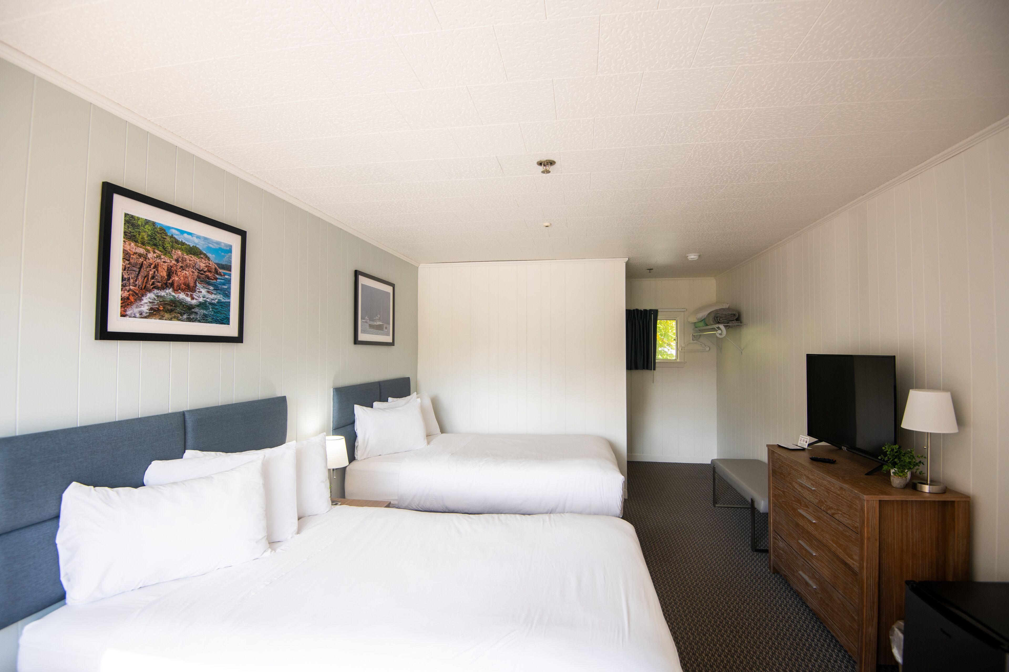 A hotel room with two beds, a television, a dresser, and a framed picture on the wall.