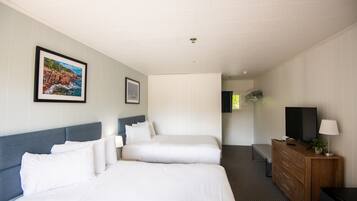 A hotel room with two beds, a television, a dresser, and a framed picture on the wall.