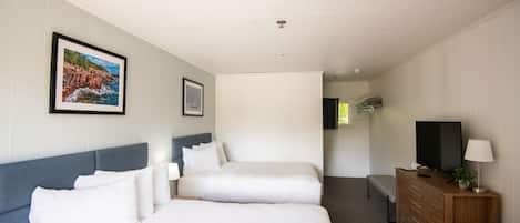 A hotel room with two beds, a television, a dresser, and a framed picture on the wall.